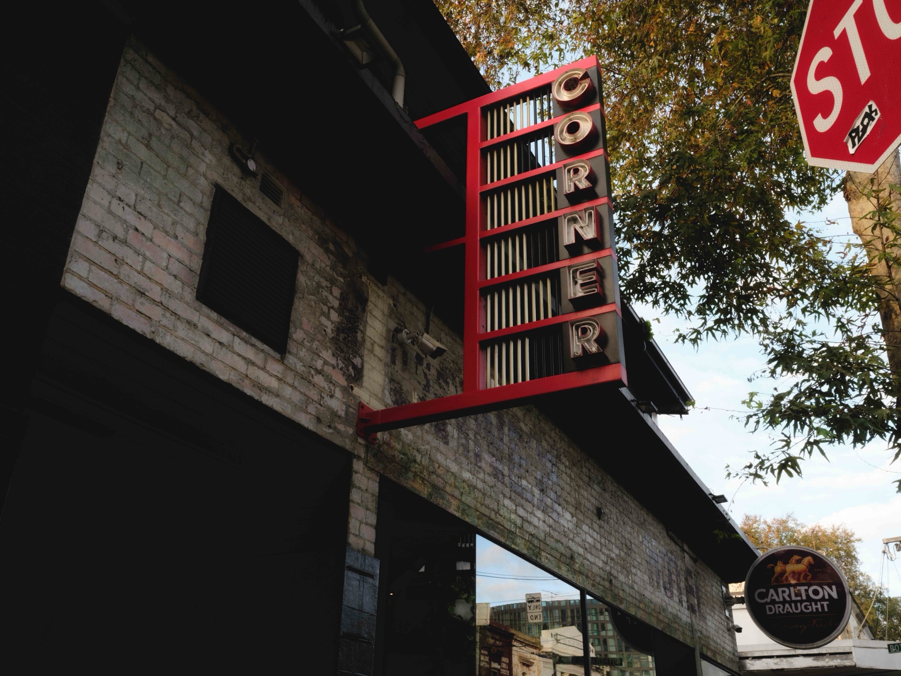 The red neon Corner Hotel sign on Swan Street, Richmond